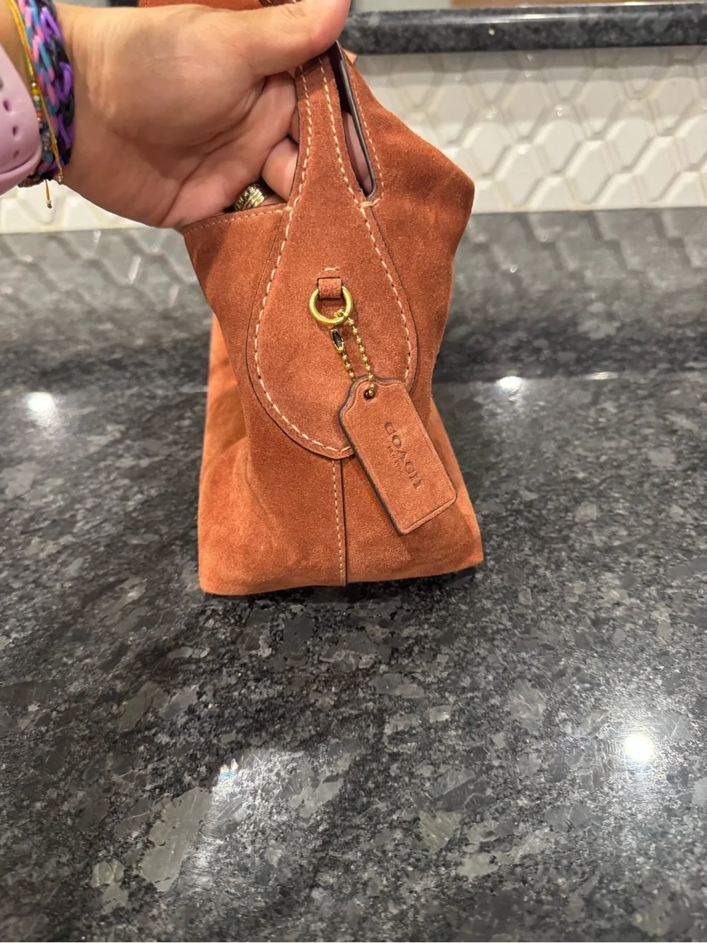 COACH Chelsea 30 in clay suede shoulder bag with gold hardware
